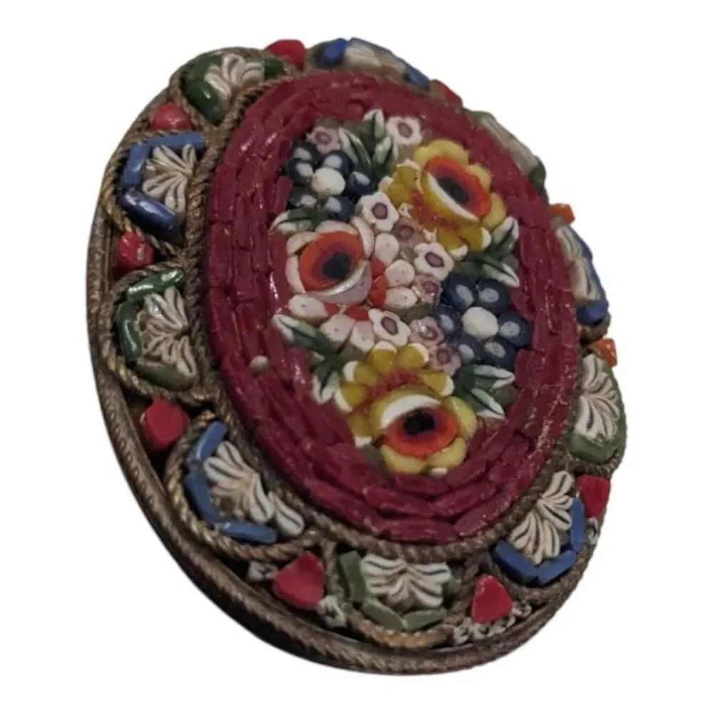Vintage Micro Mosaic‎ Brooch Made in Italy Gold Tone Beaded Floral